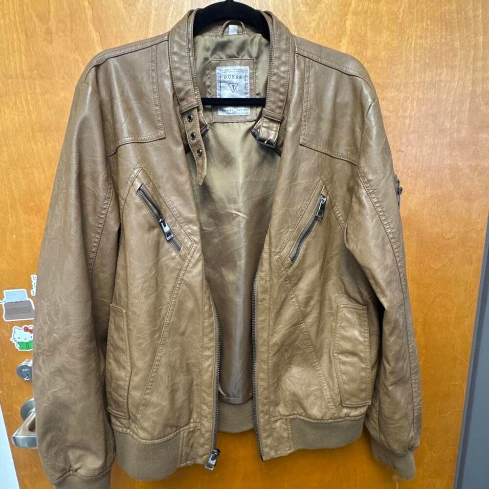 GUESS Brown Faux Leather Bomber Jacket Men’s Large Y2K Moto